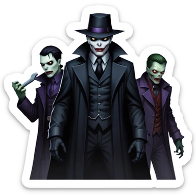 Icon for Thriller Movies: A large, dramatic collage featuring sinister villains and zombies in dark clothing. The background shows the gloomy cityscape of Gotham with dim lighting and eerie shadows. The atmosphere should be tense, mysterious, and suspenseful. Transparent background. sticker