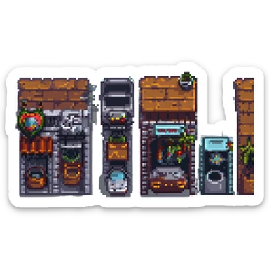 Wide pixel art background of a dark Gotham City street. Empty road with sidewalk, flickering lamppost casting light, trash bins nearby, distant shadowy silhouettes. Tall buildings in the background, moody atmosphere, subtle rain or fog. sticker