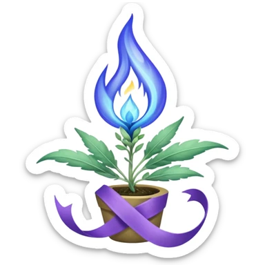 Blue flame enveloping a green sage sprout surrounded by a purple ribbon sticker
