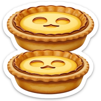 Create an emoji-style illustration of a Portuguese Pastel de Nata. It should be a small, individual custard tart with a flaky, layered puff-pastry crust and a glossy yellow custard center with dark caramelized spots on top. Do NOT make a full pie or slice only a single small tart sticker