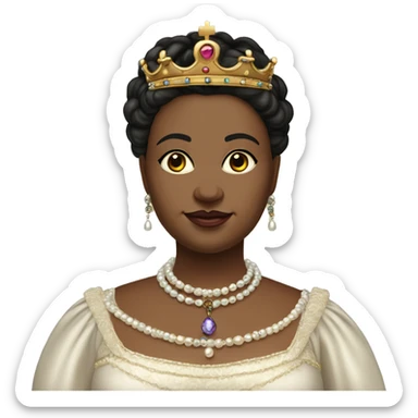 Chubby 35 year old female queen with large breasts. Dark and tied back hair, eyes light-coloured and a bit wide-set. Elizabethan queen's dress and a lot of jewellery such as pearl necklaces, earrings and a crown. She wears an embroidered sash. sticker