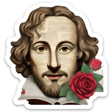 Shakespeare person made of newspaper cuttings wearing flowers, stained glass, fairy lights, bokeh, annotated sketch, handwritten letters, collage of intricate patterns, roses flowers sticker
