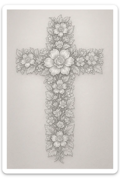 a bright grey flower cross, elaborate design, shimmering highlights, intricate flowers sticker