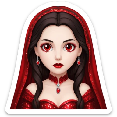 Bride of Dracula with long dark brown hair, red sequin outfit sticker