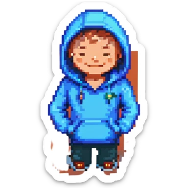 pixel art of a man with a blue hoodie, smiling and blinking animation, simple background sticker