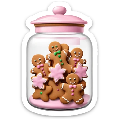 Realistic glass cookie jar with light pink lid full of gingerbread cookies isolated.  sticker