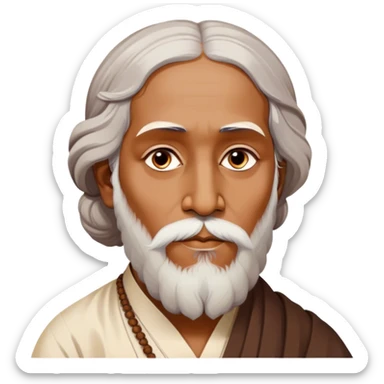 Rabindranath Tagore – Cinematic Realistic Portrait of Rabindranath Tagore, depicted with thoughtful, soulful eyes and gentle features, dressed in traditional Bengali attire with subtle artistic motifs, bathed in warm, soft lighting that evokes his poetic genius and timeless wisdom. sticker