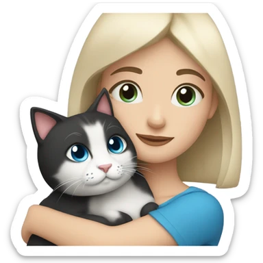 Girl with short black hair and blue eyes cuddling with a cat sticker