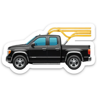 A simple emoji-style icon of a black pickup truck driving on a road with motion lines behind it, viewed from the side, shiny black color with chrome details, minimal flat design, vibrant colors, transparent background sticker