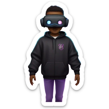 Harry Potter wearing a black hoodie with "OMG" letters on it and VR headset oculus quest 2 in a cyberpunk VR environment with violet neon lighting. sticker