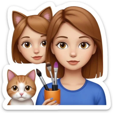 A image of a girl with light brown hair doing her makeup with her cat sticker