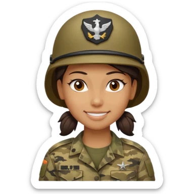 Apple-style emoji: female soldier, bust, no cap/helmet, friendly smile, generic camo top,  sticker