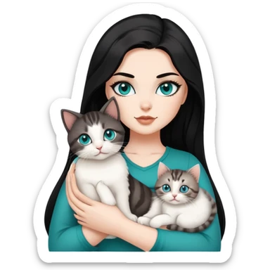Hot curvy woman, teal eyes black eyelashes, long hair, with super cute kitten, she is white with brown hair, black top, the cat is a brown and grey tabby sticker