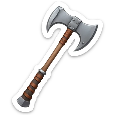 barbarian axe object icon, huge double-bladed axe, rough metal, wooden handle, leather wraps, fantasy style, 3D cartoon, mobile game icon style, centered, clean background, soft shadow, no text, no watermark
 sticker