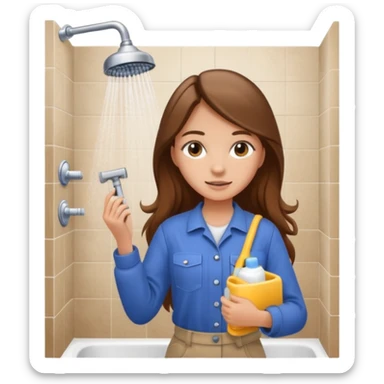 beautiful girl with long brown hair constructing new bathroom area with new shower and amenities  sticker