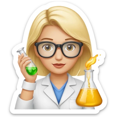 Eine hellblonde Chemikerin mit Kittel, großer Labor-Sicherheitsbrille und typischem Erlmeyerkolben in der Hand sticker