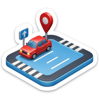 
A 3D minimal icon showing a street route to a destination with a single vehicle, a blue road, and small red accents for alerts. The style is clean, minimal 3D, with a transparent background. sticker