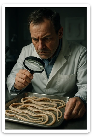A middle-aged male kinesiologist wearing a pristine white lab coat, intensely analyzing long, beige tapeworms (like Taenia) under a magnifying glass. His expression is focused and slightly concerned, with dramatic studio lighting casting sharp shadows. The parasites are highly detailed, moist, and textured, stretched across a sterile metal tray. The background is blurred but suggests a clinical environment—hints of a microscope, medical charts, and clean lab equipment. The style is hyper-realistic, with a cinematic contrast between the bright white coat and the grotesque, organic forms of the parasites. No sci-fi elements, just raw medical realism with a disturbing edge sticker