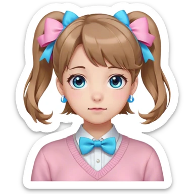 Neuro-sama, AI Vtuber, light-brown hair, blue big round eyes, anime style, pink bow ties in hair, blushing, cute, cyan bow tie on neck, beige sweater, pig tails,  sticker