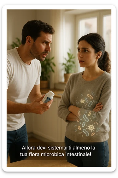 A hyper-realistic, cinematic photo of a young couple in their early 30s having a tense but calmer discussion in a bright modern kitchen. The man, fit, wearing a plain white T-shirt, holds a small probiotic supplement bottle in one hand, leaning slightly forward with a concerned yet firm expression, saying: 'Allora devi sistemarti almeno la tua flora microbica intestinale!' The woman, with dark hair in a loose ponytail, wearing a comfortable home sweater, stands with arms partially crossed, looking at him with a doubtful and confused expression, eyebrows slightly raised, lips parted as if about to respond but uncertain. Around them, faint translucent overlays of microscopic gut flora and bacteria symbols swirl softly near the woman’s abdomen, symbolizing the issue of her imbalanced gut microbiome. The kitchen is bathed in warm natural light, with green plants adding a sense of health and life, while the couple remains in sharp focus. The color palette is warm, with soft shadows and shallow depth of field highlighting the emotional tension yet care in the conversation, visually representing the discussion about gut health within the relationship sticker
