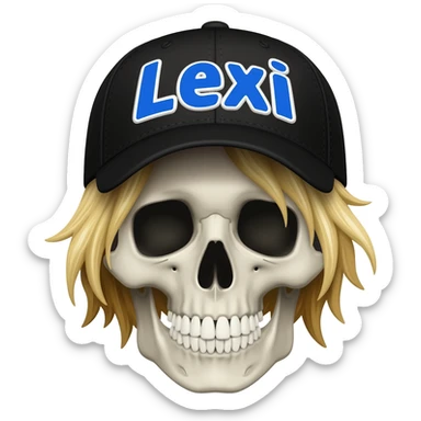 Create a skeleton head wearing a black baseball cap that says " Lexi " in blue, and white lettering, with dirty blonde hair sticker