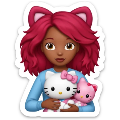 black woman with long brown and red hair, holding a hello kitty plushie  sticker