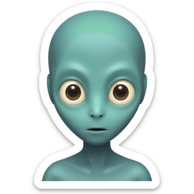 Portrait of an alien with smooth greenish-blue skin, large black oval eyes, small nose, and no visible ears, elongated head, front-facing, wearing brown t-shirt, soft glow, simple futuristic design sticker