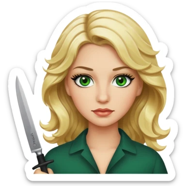 Emoji femme blonde cheveux blond ondulé, yeux vert avec de long cils noir qui porte un couteau sticker