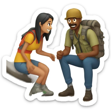 mujer y hombre acampando a la orilla de un lago con montañas de fondo sticker