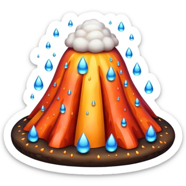 A cute, round emoji-style volcano with a smooth, simplified shape and soft shading. 
Instead of lava, the volcano erupts with colorful water droplets that pop upward in playful arcs. 
 sticker