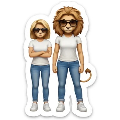 friendly anthropomorphised female lion, full body, standing confidently with legs shoulder width apart, arms folded, wearing jeans, white t-shirt, dark sunglasses, trainers, determined expression sticker