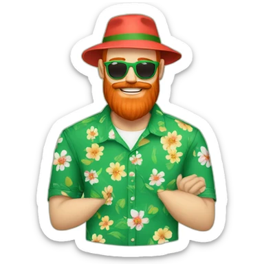 bright red beard wearing a floral shirt and wearing green sunglasses and a bucket hat giving someone a hug sticker