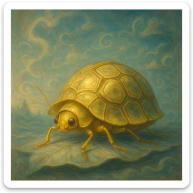 Golden Tortoise Beetle with a tortoise shell-like carapace, dreamlike surrealist style, ethereal atmosphere, soft lighting, imaginative and surreal elements sticker