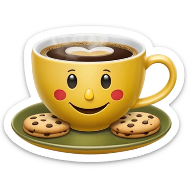 A cup of coffee, steaming, the smoke is heart-shaped, the cup is mustard yellow, the cup has a happy face printed on it, the cup sits on an olive green saucer, and there are cookies around the cup. sticker