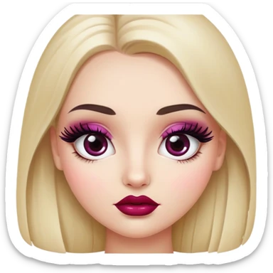 White girl with oval face, huge round black eyes, big eyelashes, berry colored lips, shiny full lips, face closeup, long straight middle-parted hair sticker