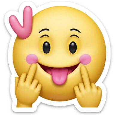 The image is a digital illustration of a yellow smiley face with big, round eyes and a big smile. The face is holding a pink tongue sticking out and making a 67 with its fingers. Above the face, The background is white. sticker