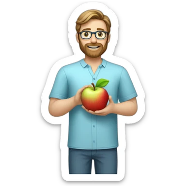 A male nutritionist with a full beard and dark blonde hair and white skin, with glasses, holding an apple in his hand. Who has a light blue shirt on sticker