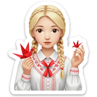Ukrainian young girl with blonde braided hair wearing a white traditional embroidered shirt (vyshyvanka) holding a red origami paper crane in her hands sticker