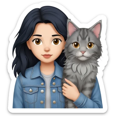 girl with black hair wearing denim jacket with gray maine coon cat sticker