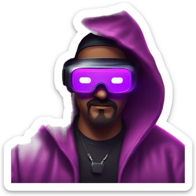 Big Lebowski wearing a black hoodie with "OMG" letters on it and VR headset oculus quest 2 in a cyberpunk VR environment with violet neon lighting. sticker