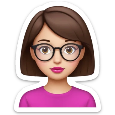 short brown hair girl with round glasses and pink lips, emoji style sticker
