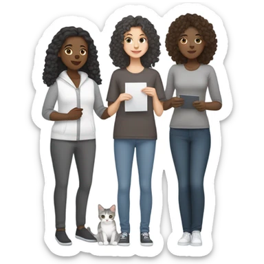one white skinned woman with straight dark brown hair holding a grey tabby cat and one white skinned woman with curly long dark hair holding a dark grey cat sticker