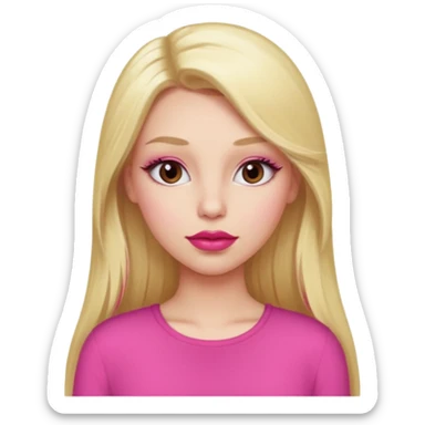 a girl with long eyelashes a pink outfit, long blonde hair, and big lips with red lipstick sticker