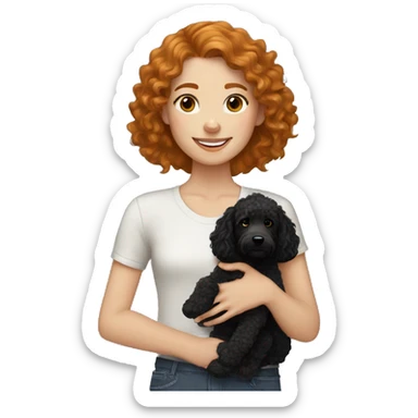 Caucasian girl with freckles and wavy ginger hair holding black goldendoodle sticker