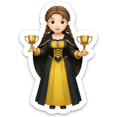 Helga Hufflepuff,brown-haired,2 braids,yellow-black medieval open dress,deep neckline,fat macromastia,black cloak decorated with gold braiding,gold cup with two handles,very kind smile,curvy busty sweet woman,round rosy cheeks,full length with medieval shoes sticker