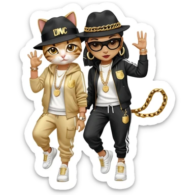 female cat wearing Run DMC hip-hop outfit with tracksuit, fedora, Adidas sneakers, many gold chains, rings, bracelets, flashy earrings, dancing with a friend, no sunglasses sticker