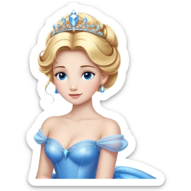 Cinematic Stunning Cinderella Portrait Emoji, Radiant in her sparkling blue ball gown, golden hair in a perfect updo, soft blue eyes full of wonder, glistening tiara, glowing with an ethereal beauty, regal yet kind, a dreamlike aura surrounds her, capturing the essence of a fairy tale princess, elegant and breathtaking! sticker