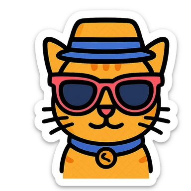 Add a stylish hat to the cat wearing sunglasses, keep the background transparent. sticker