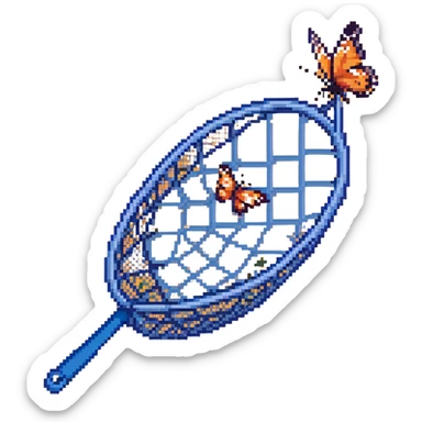 An insect-catching net with a blue handle and a butterfly inside the net sticker