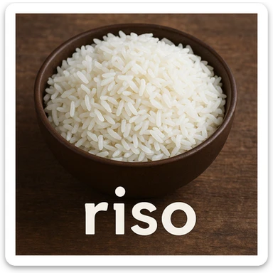 photo realistic bowl full of cooked rice with separate and fluffy grains with the word 'riso' in Italian on the image sticker
